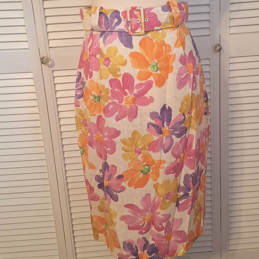 Vintage floral belted pleated polyester skirt sz 10 USA Laurissa *B